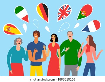 Illustration with people of different gender, race and age learning and speaking different languages. Educational and travel poster for your design.