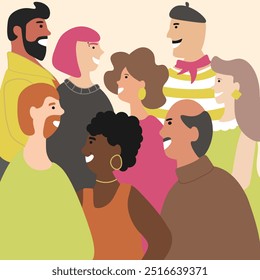 Illustration of people of different races and religions. Celebration of an event. Vector illustration drawn in flat design. Images of people, silhouettes of people, people of different professions