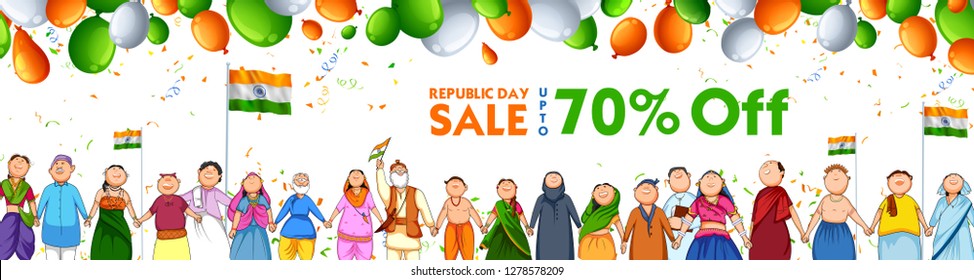 illustration of people of different religion showing Unity in Diversity on Happy Republic Day of India Sale Promotion Background