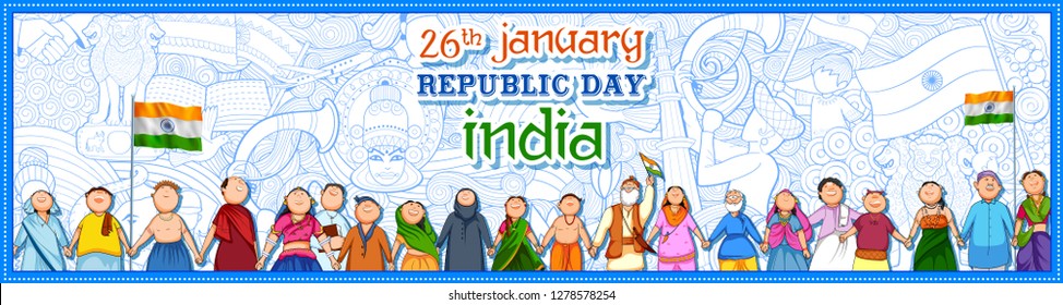 illustration of people of different religion showing Unity in Diversity on Happy Republic Day of India