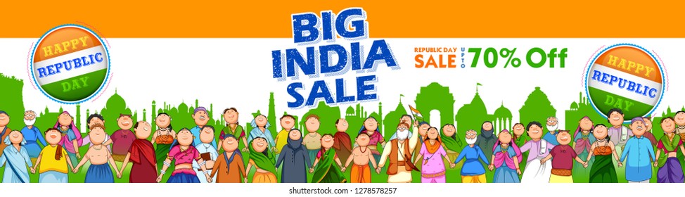 illustration of people of different religion showing Unity in Diversity on Happy Republic Day of India Sale Promotion Background