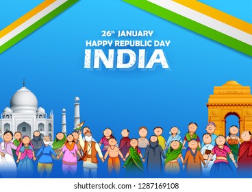 illustration of people of different religion showing Unity in Diversity on Happy Republic Day of India