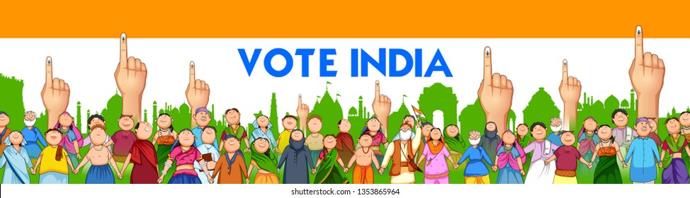 illustration of People of different religion showing voting finger for General Election of India