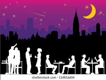 Illustration Of People Dining Outdoor With City Landscape Background At Night