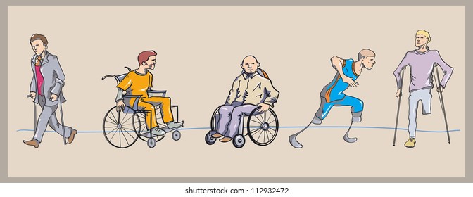 Illustration of people with disabilities and injuries using assistive equipment