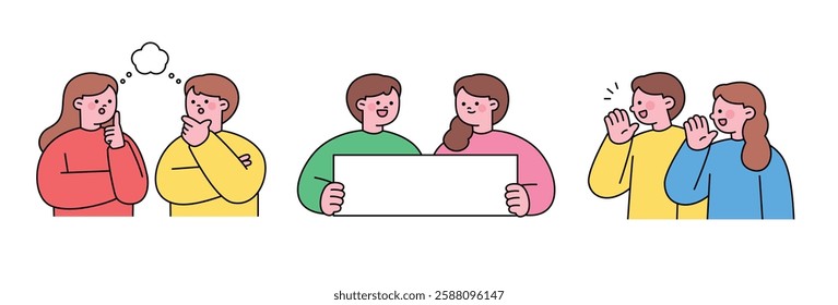 Illustration of people discussing, thinking, presenting, and greeting each other. Represents communication, teamwork, and social interaction.