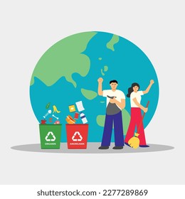 Illustration people do waste sorting. garbage, rubsih sorting. people putting rubish in trash bins. trash container classifiation. Save the earth concept design