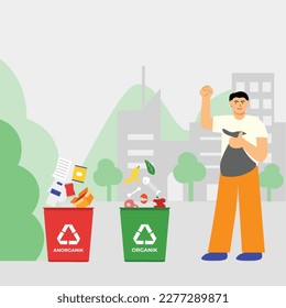 Illustration people do waste sorting. garbage, rubsih sorting. people putting rubish in trash bins. trash container classifiation. Save the earth concept design