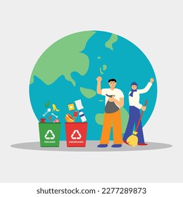 Illustration people do waste sorting. garbage, rubsih sorting. people putting rubish in trash bins. trash container classifiation. Save the earth concept design