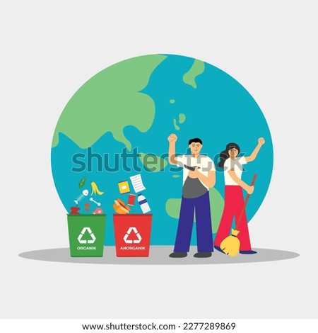 Illustration people do waste sorting. garbage, rubsih sorting. people putting rubish in trash bins. trash container classifiation. Save the earth concept design
