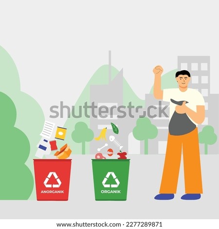 Illustration people do waste sorting. garbage, rubsih sorting. people putting rubish in trash bins. trash container classifiation. Save the earth concept design