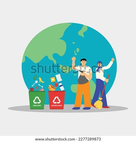 Illustration people do waste sorting. garbage, rubsih sorting. people putting rubish in trash bins. trash container classifiation. Save the earth concept design