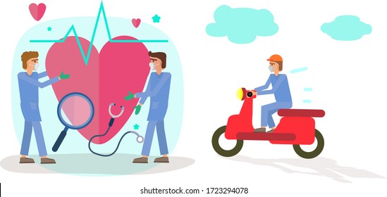 Illustration and people doctor's, health hospitals, heart human and care, operation doctors. Vector