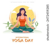 illustration of people doing asana and meditation practice for International Yoga Day on 21st June