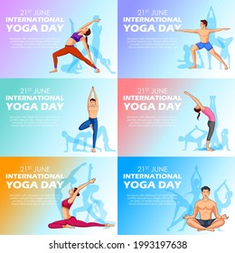 illustration of people doing asana and meditation practice for International Yoga Day on 21st June