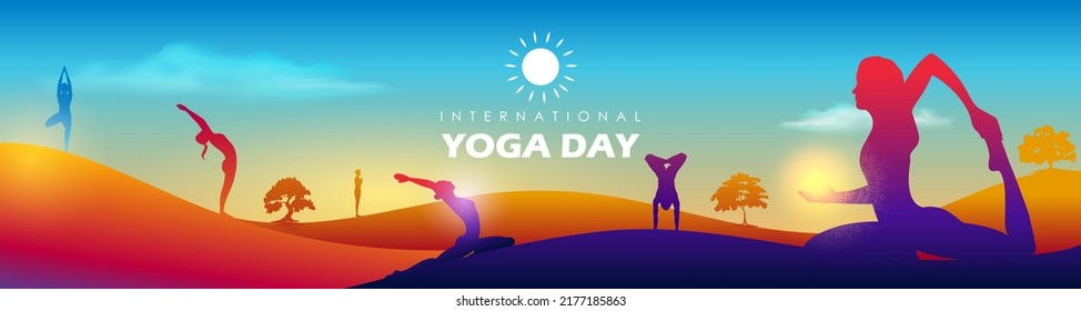 illustration of people doing asana and meditation practice for International Yoga Day on 21st June