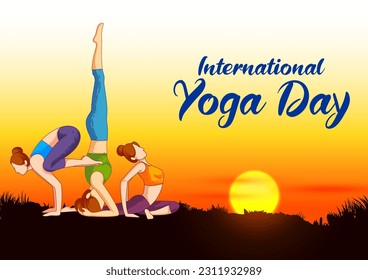 illustration of people doing asana and meditation practice for International Yoga Day on 21st June