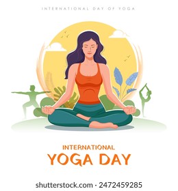 Illustration von Menschen, die Asana und Meditationspraxis für den Internationalen Yoga-Tag am 21. Juni machen