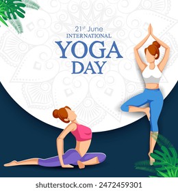 Ilustración de personas haciendo asana y práctica de meditación para el Día Internacional del Yoga el 21 de junio