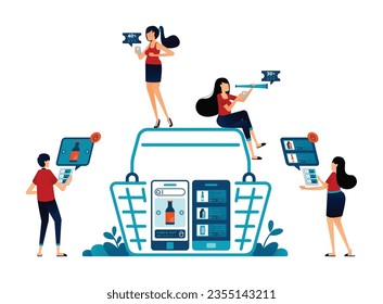 Illustration of people doing grocery shopping with mobile apps. select basic food products in apps and added to cart for checkout and payment. Can be used for landing page, website, web, banner