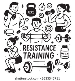 Illustration of people doing resistance training with dumbbells and resistance bands, surrounded by fitness icons like a kettlebell, stopwatch, and protein bottle.