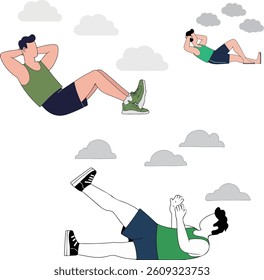 Illustration of people doing sit-ups and leg raises outdoors with clouds in the background.
