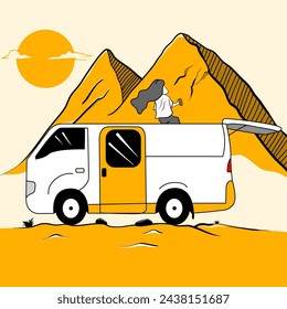 illustration of people drinking coffee in a van while looking at a mountain view in the afternoon