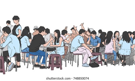 Illustration of people drinking and eating asian street food