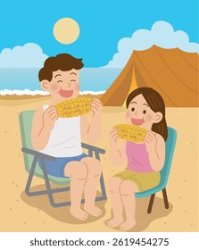 Illustration of people eating corn while camping on the summer beach