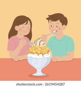 Illustration of people eating mango bingsu (mango shaved ice) in summer