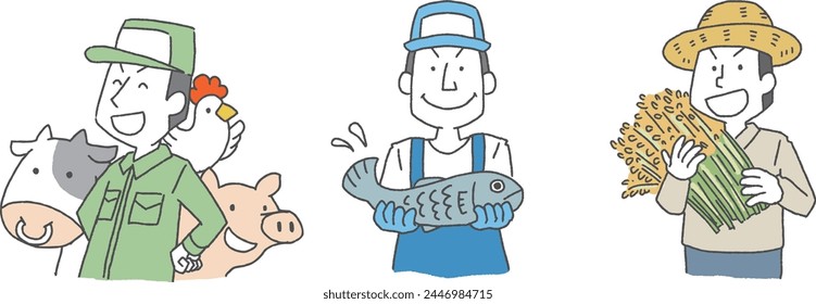 Illustration of people engaged in livestock, fisheries, and agriculture