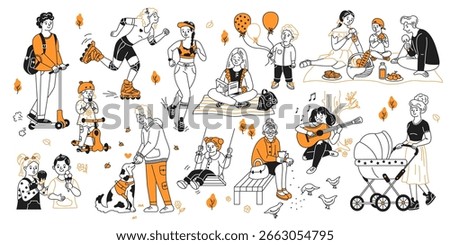 Illustration of people engaging in various activities in autumn park. From children on scooters and swings to adults reading and playing guitar. Orange accents highlight fall ambiance.