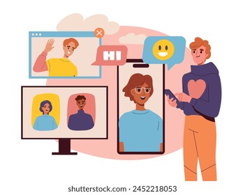 Illustration of people engaging in a video call, showcasing digital communication, on a warm background, concept of connectivity. Flat cartoon vector illustration