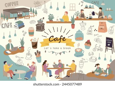 Illustration of people enjoying at a cafe