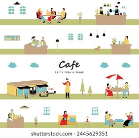 Illustration of people enjoying at a cafe