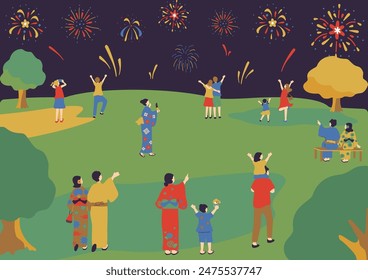 Ilustración de Personas disfrutando de un festival de fuegos artificiales