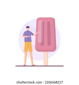 illustration of people enjoying giant ice cream. food, ice, sweet. strawberry or watermelon flavour. flat cartoon style. vector design. landing page, ui