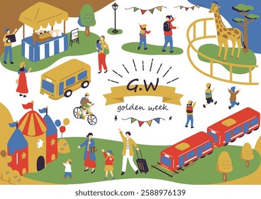 An illustration of people enjoying Golden Week in Japan