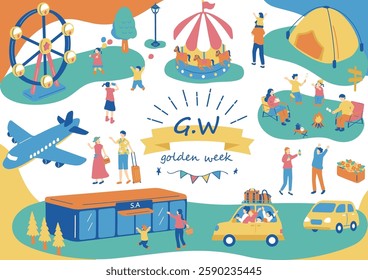 An illustration of people enjoying Golden Week in Japan
