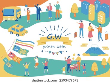 An illustration of people enjoying Golden Week in Japan