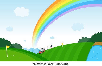 Illustration of people enjoying golf and the blue sky with a rainbow.