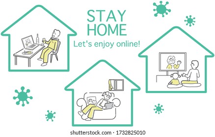 Illustration of people enjoying online at home