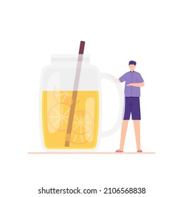 illustration of people enjoying orange iced drink. drinks, ice, juices. summer time. flat cartoon style. vector design. landing page, ui