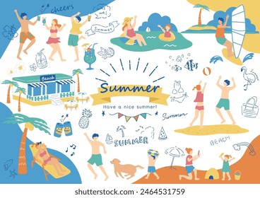 Ilustración de Personas disfrutando del verano en la playa