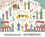 Illustration of people enjoying a summer festival Japanese kanji character"natumaturi""Summer festiva" 