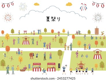 Ilustración de personas disfrutando de un festival de verano japonés kanji personaje "natumaturi" "Festival de verano" 