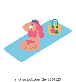 Illustration of people enjoying summer: A woman sunbathing