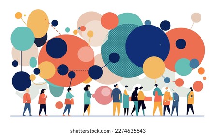 Illustration of people facing many circles. Concept of social networks. Vector image