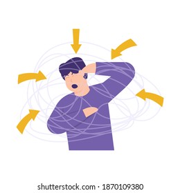 illustration of people feeling disturbed by various pressures and complex problems. restlessness and stress. tangled thread or rope. flat style. design element