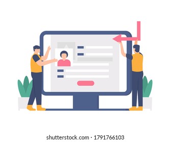 illustration of people filling in their personal data on the registration page on a computer. concept of identity information, registration form, apply. flat design. can be used for landing page